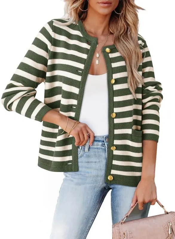 Dokotoo Women's 2025 Fashion Casual Crew Neck Open Front Long Sleeve Chunky Knit Striped Cardigans Sweaters Outerwear Coats
