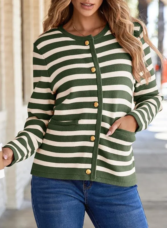 Dokotoo Women's 2025 Fashion Casual Crew Neck Open Front Long Sleeve Chunky Knit Striped Cardigans Sweaters Outerwear Coats
