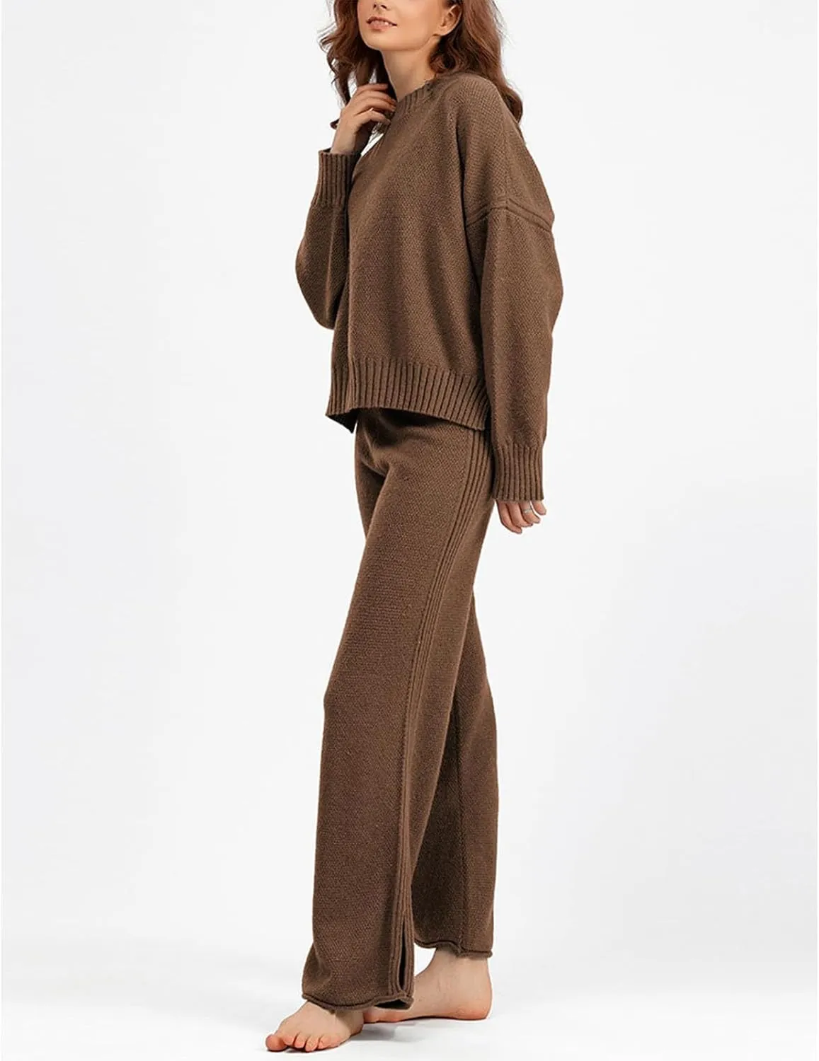 Fall Winter Sweater Sets for Women Cable Knit Sweater 2 Piece Outfits Long Sleeve Crewneck Sweaters Wide Leg Trousers