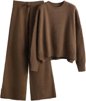 Fall Winter Sweater Sets for Women Cable Knit Sweater 2 Piece Outfits Long Sleeve Crewneck Sweaters Wide Leg Trousers