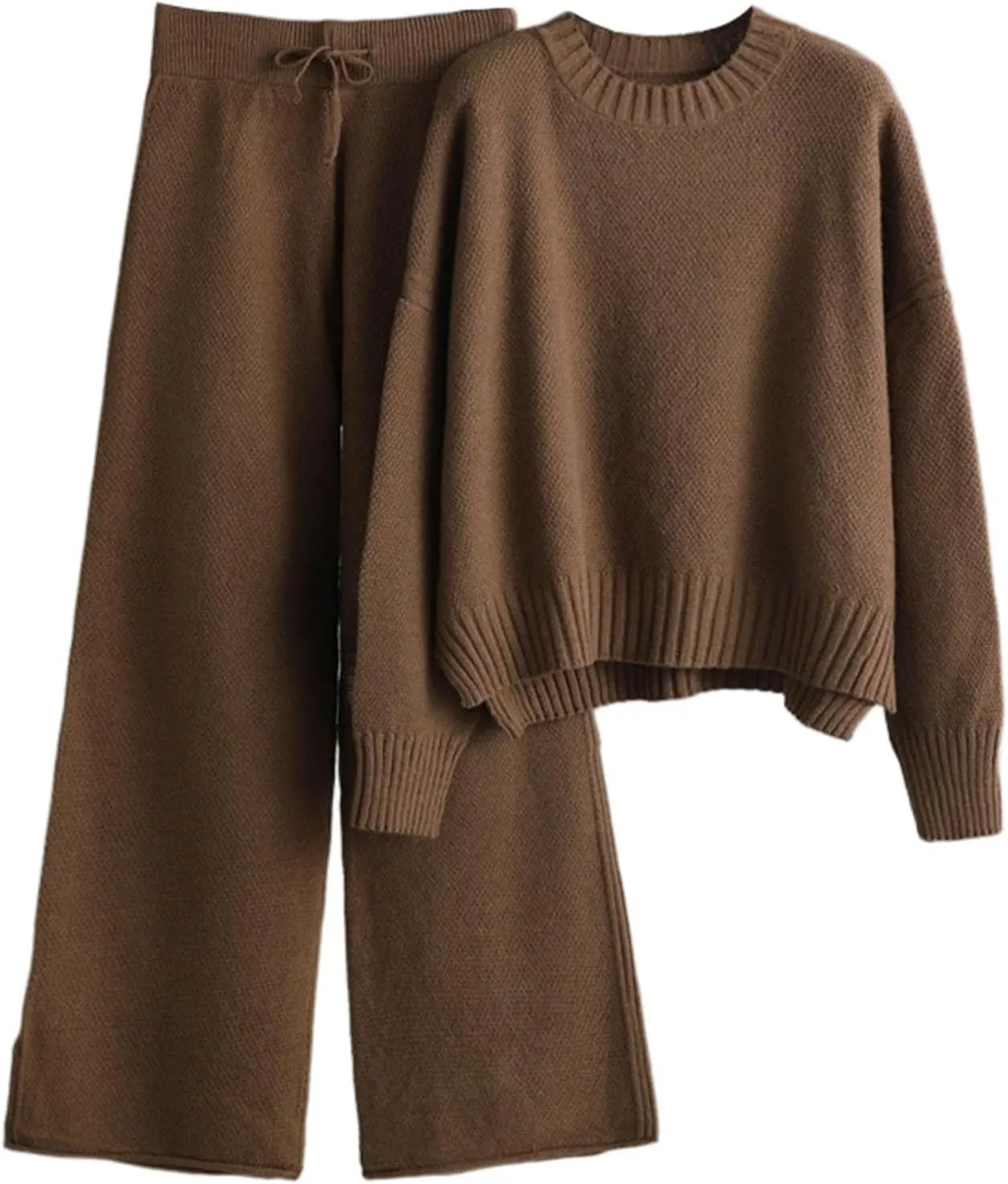 Fall Winter Sweater Sets for Women Cable Knit Sweater 2 Piece Outfits Long Sleeve Crewneck Sweaters Wide Leg Trousers
