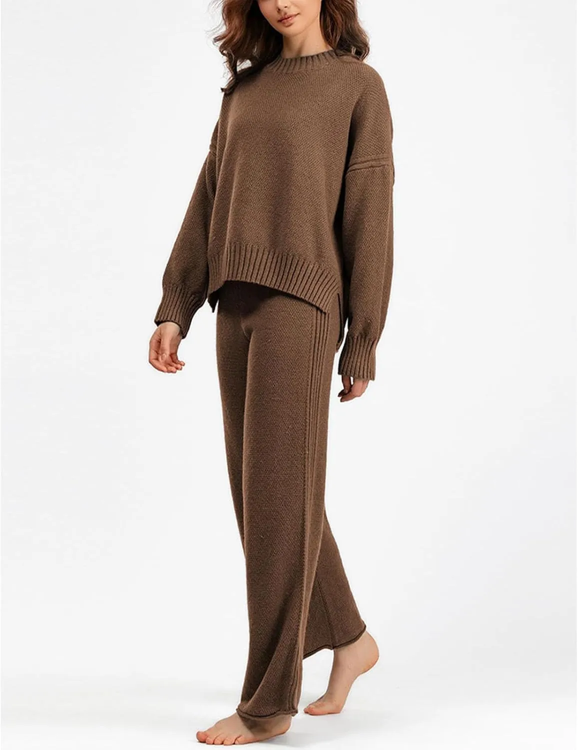 Fall Winter Sweater Sets for Women Cable Knit Sweater 2 Piece Outfits Long Sleeve Crewneck Sweaters Wide Leg Trousers