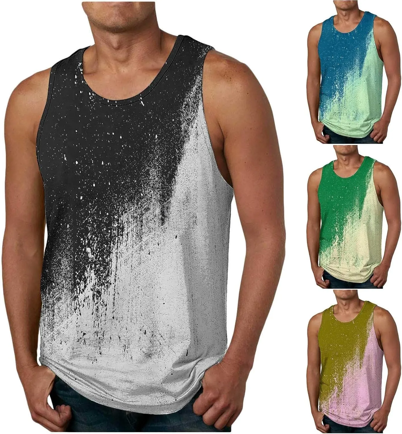 Fashion Tie Dye Mens Summer Beach Tank Tops - Casual Crew Neck Sleeveless Gym Workout Muscle Tee Shirts