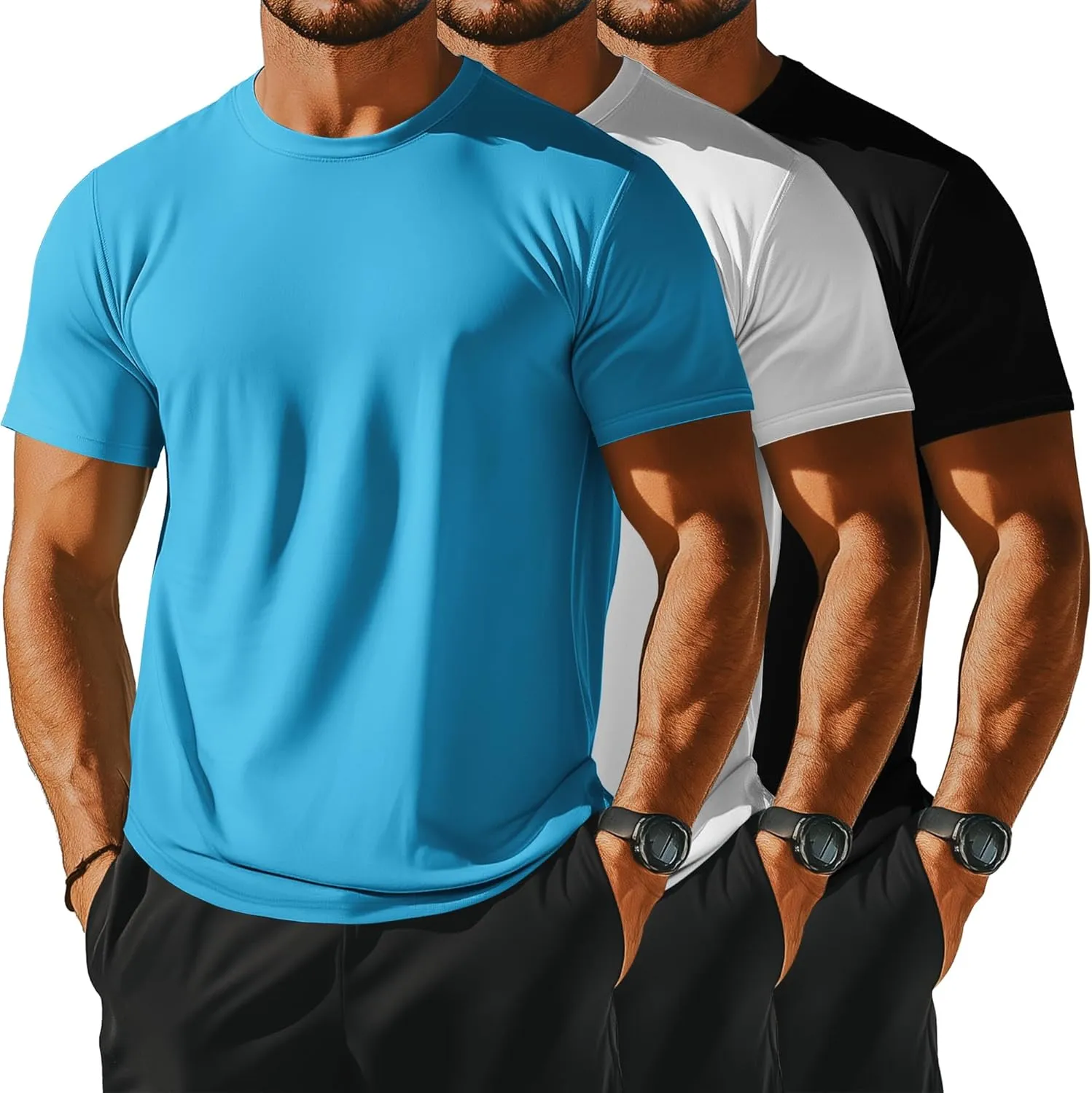 Ficerd 3 Pack Men's Big and Tall Rash Guard Shirts UPF 50  Short Sleeve Sun Protection Quick Dry Swim T Shirts