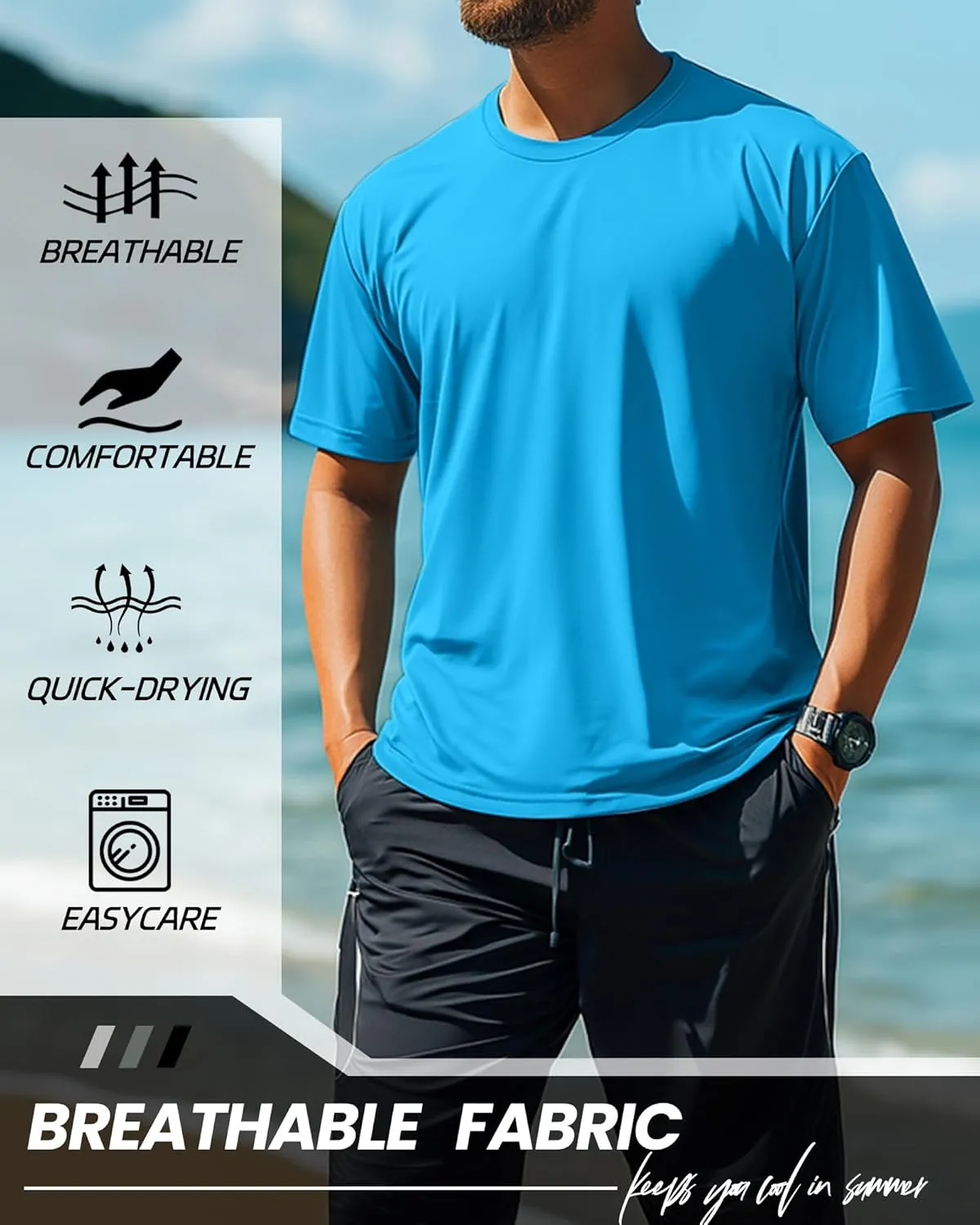 Ficerd 3 Pack Men's Big and Tall Rash Guard Shirts UPF 50  Short Sleeve Sun Protection Quick Dry Swim T Shirts