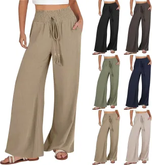 FlekmanArt Women's Linen Wide Leg Pants 2025 Summer Casual Elastic Waistband Drawstring Beach Palazzo Harem Pants Trousers