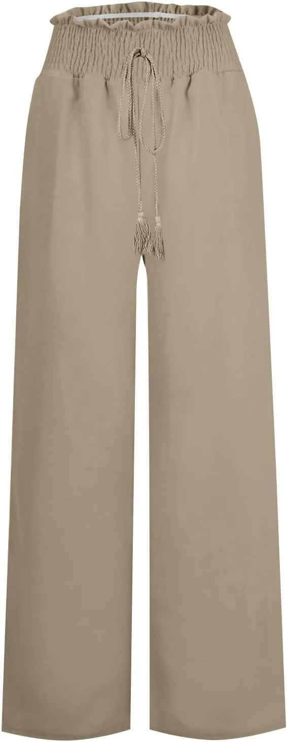 FlekmanArt Women's Linen Wide Leg Pants 2025 Summer Casual Elastic Waistband Drawstring Beach Palazzo Harem Pants Trousers