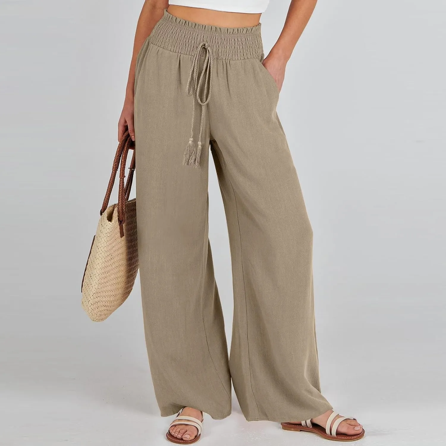 FlekmanArt Women's Linen Wide Leg Pants 2025 Summer Casual Elastic Waistband Drawstring Beach Palazzo Harem Pants Trousers