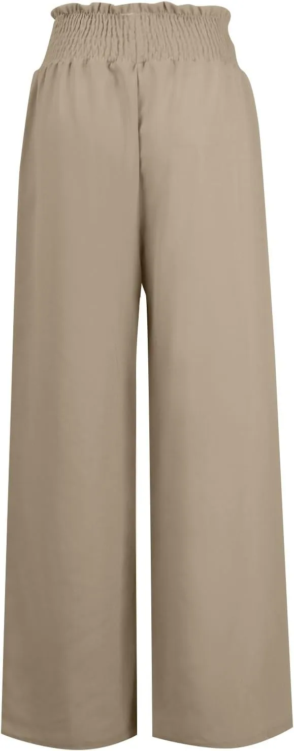 FlekmanArt Women's Linen Wide Leg Pants 2025 Summer Casual Elastic Waistband Drawstring Beach Palazzo Harem Pants Trousers