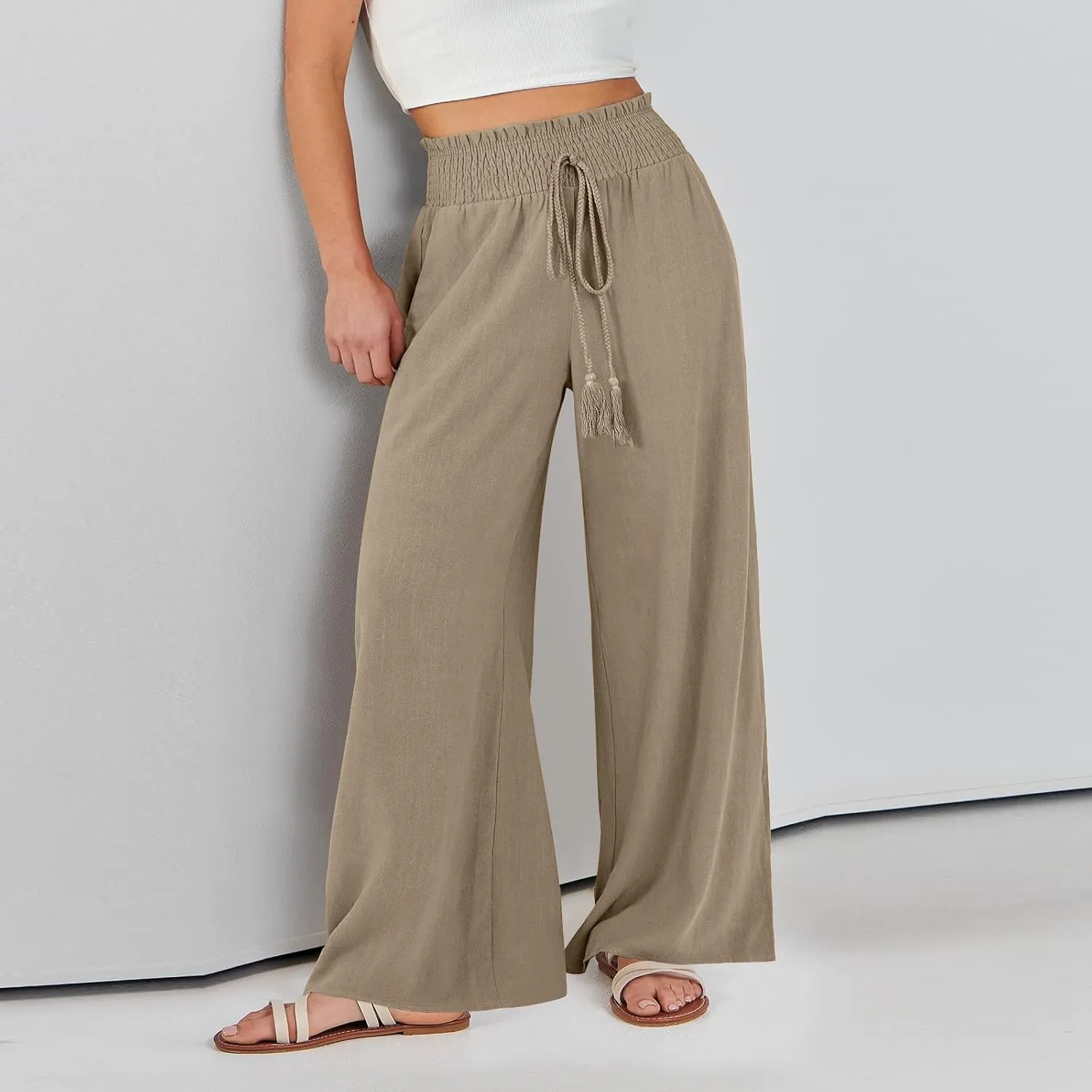 FlekmanArt Women's Linen Wide Leg Pants 2025 Summer Casual Elastic Waistband Drawstring Beach Palazzo Harem Pants Trousers