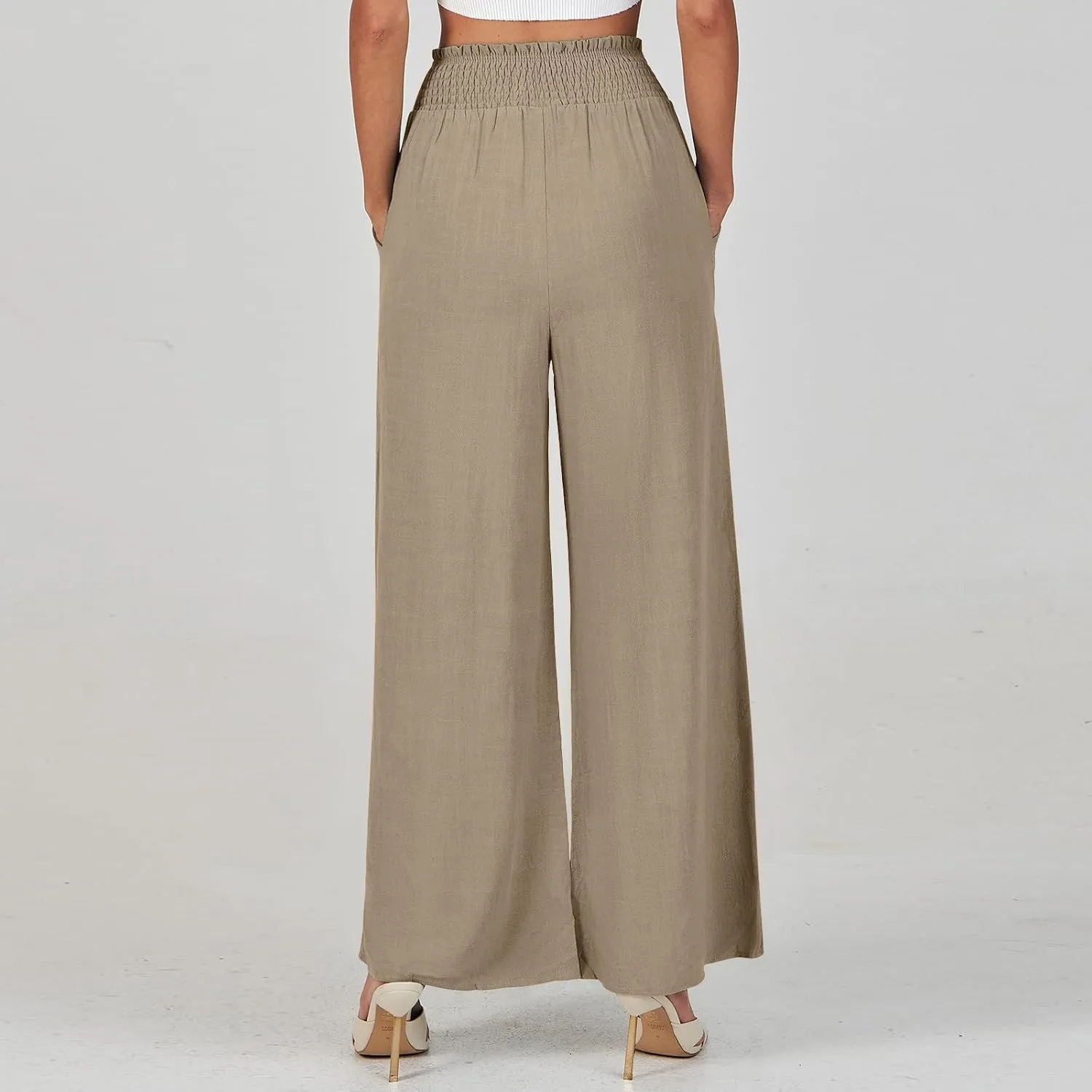 FlekmanArt Women's Linen Wide Leg Pants 2025 Summer Casual Elastic Waistband Drawstring Beach Palazzo Harem Pants Trousers