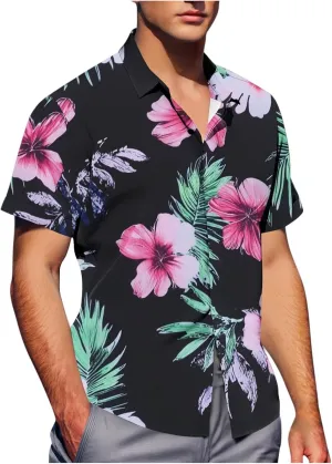 Floral Print Mens Tropical Hawaiian Shirts - Loose Lapel Casual Button Down Short Sleeve Vacation Beach Shirt