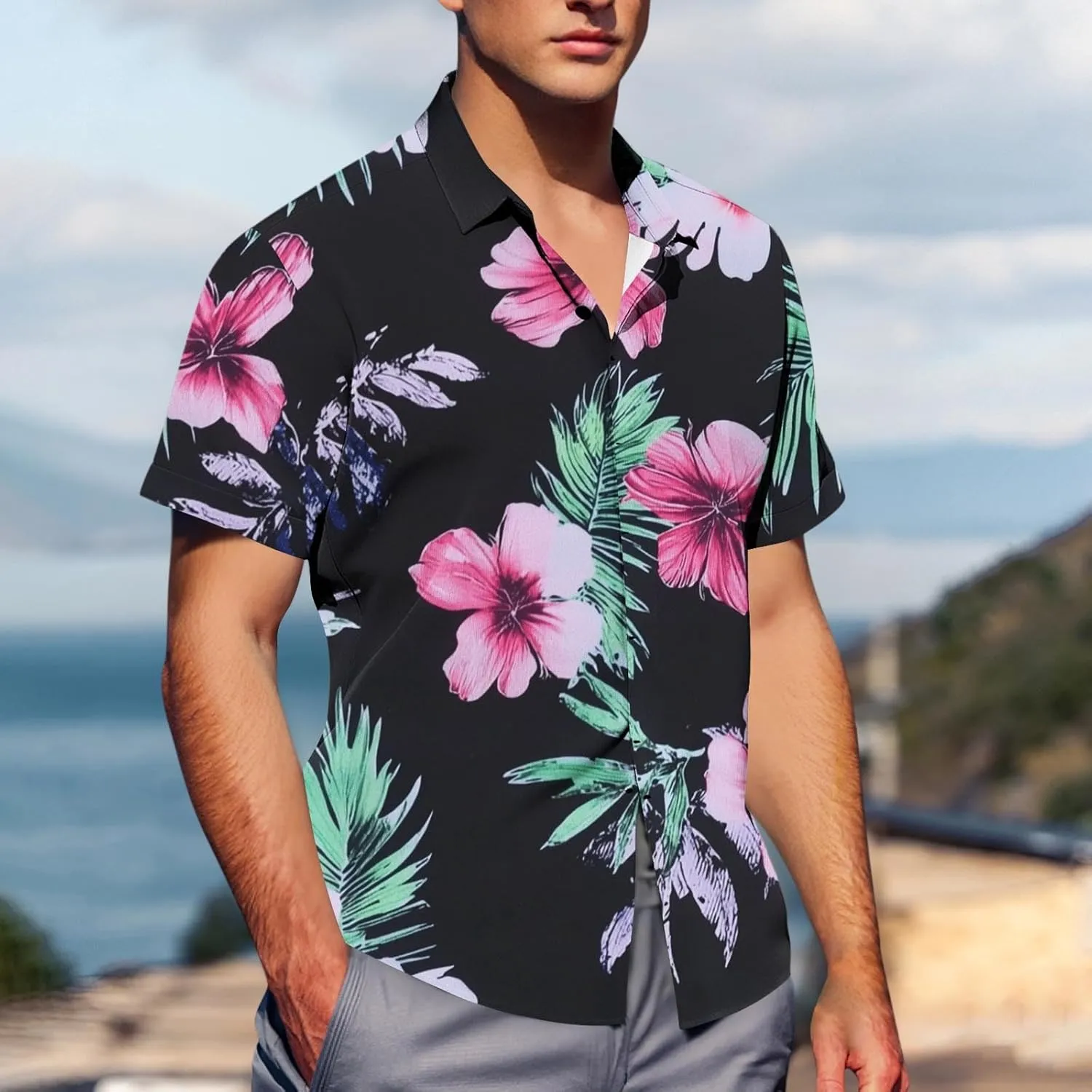 Floral Print Mens Tropical Hawaiian Shirts - Loose Lapel Casual Button Down Short Sleeve Vacation Beach Shirt