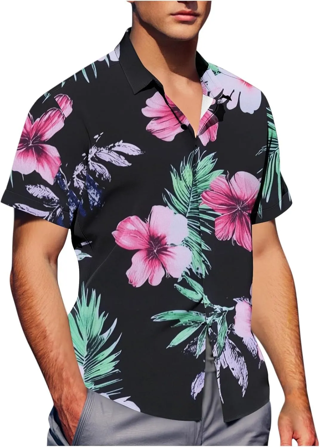 Floral Print Mens Tropical Hawaiian Shirts - Loose Lapel Casual Button Down Short Sleeve Vacation Beach Shirt