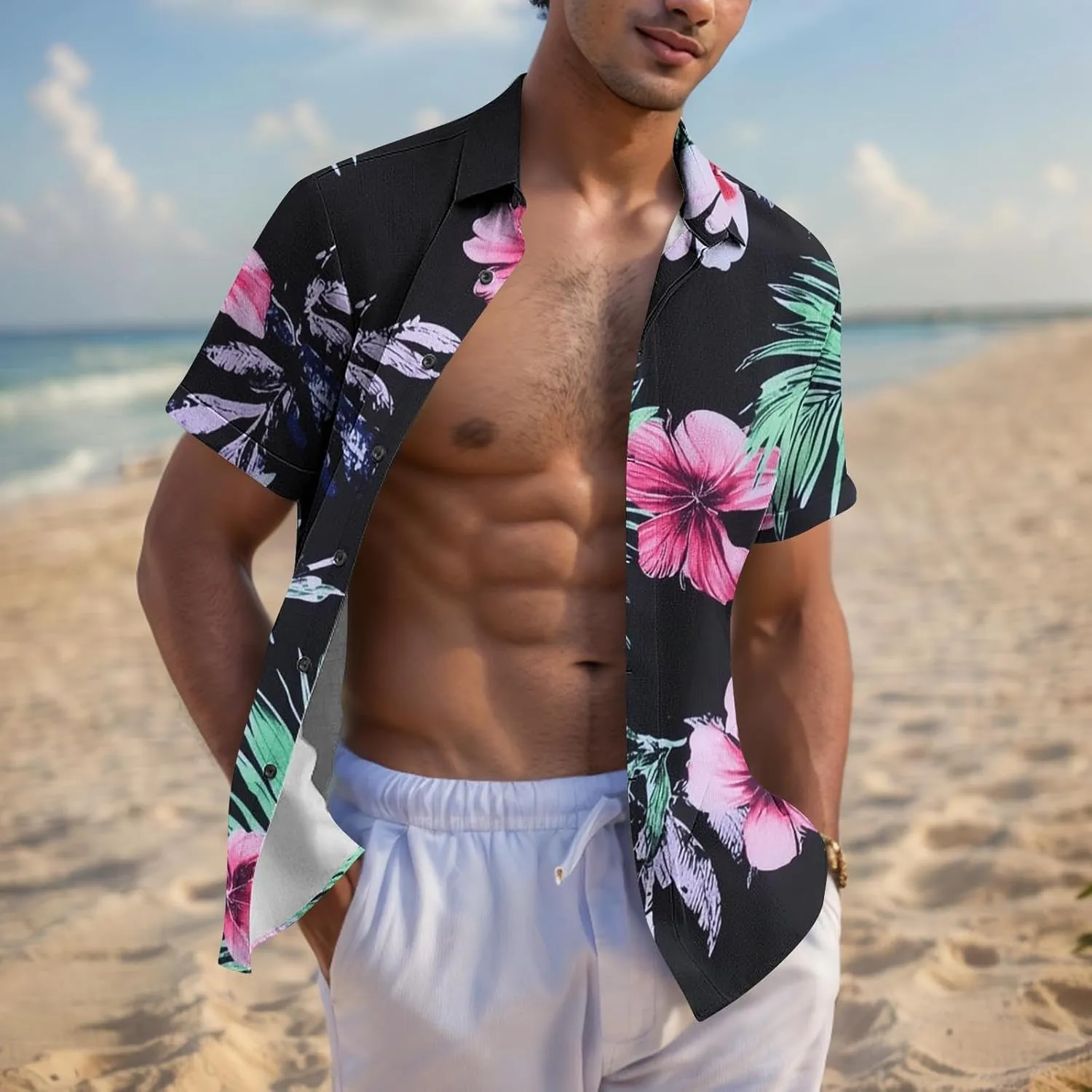 Floral Print Mens Tropical Hawaiian Shirts - Loose Lapel Casual Button Down Short Sleeve Vacation Beach Shirt