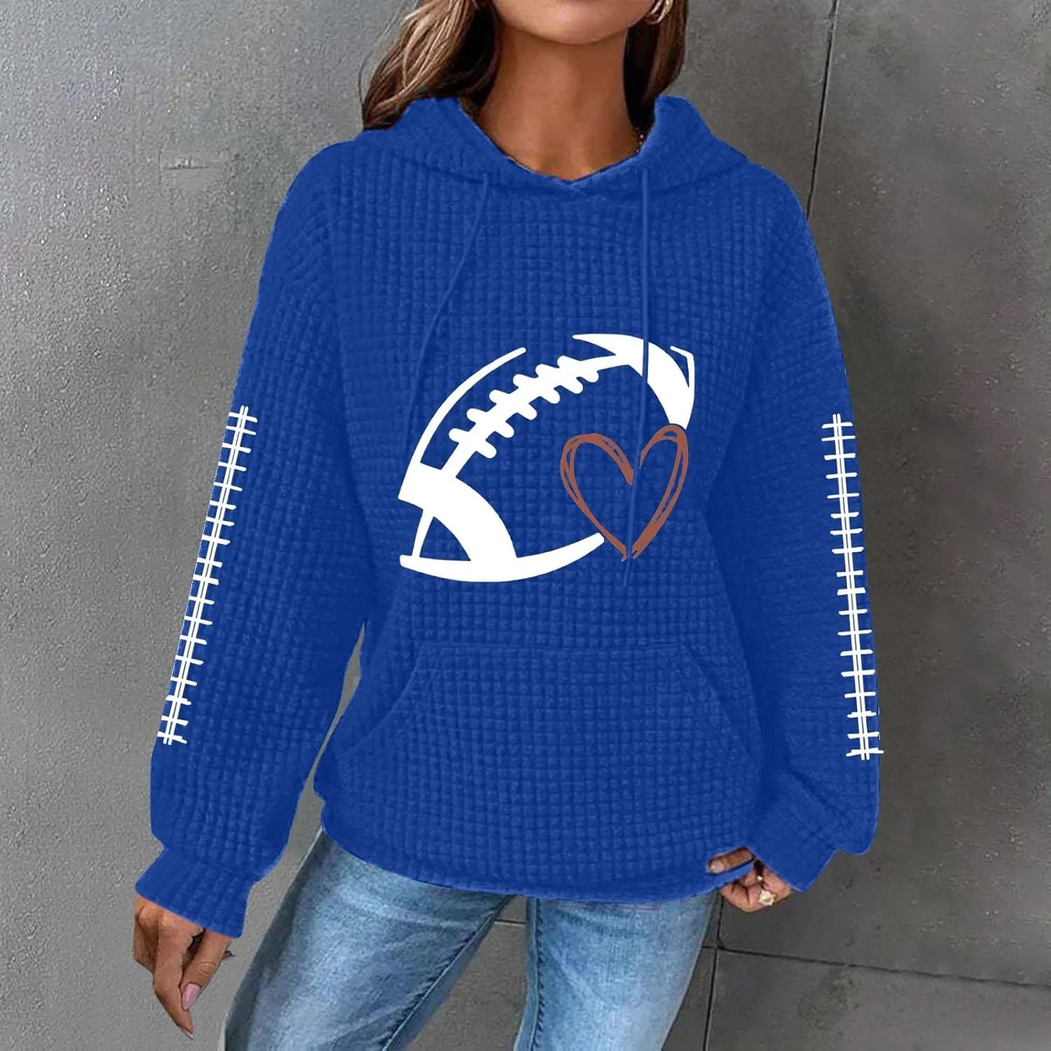 Game Day Football Hoodie For Women Graphic Print Sunday Waffle Knit Sweatshirt Casual Long Sleeve Crewneck Fall Pullover
