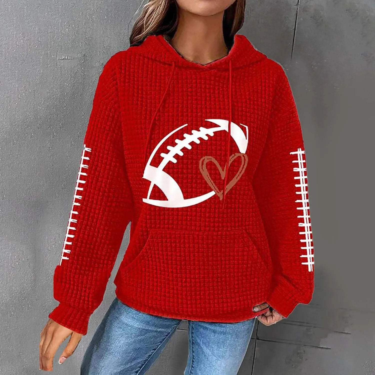 Game Day Football Hoodie For Women Graphic Print Sunday Waffle Knit Sweatshirt Casual Long Sleeve Crewneck Fall Pullover