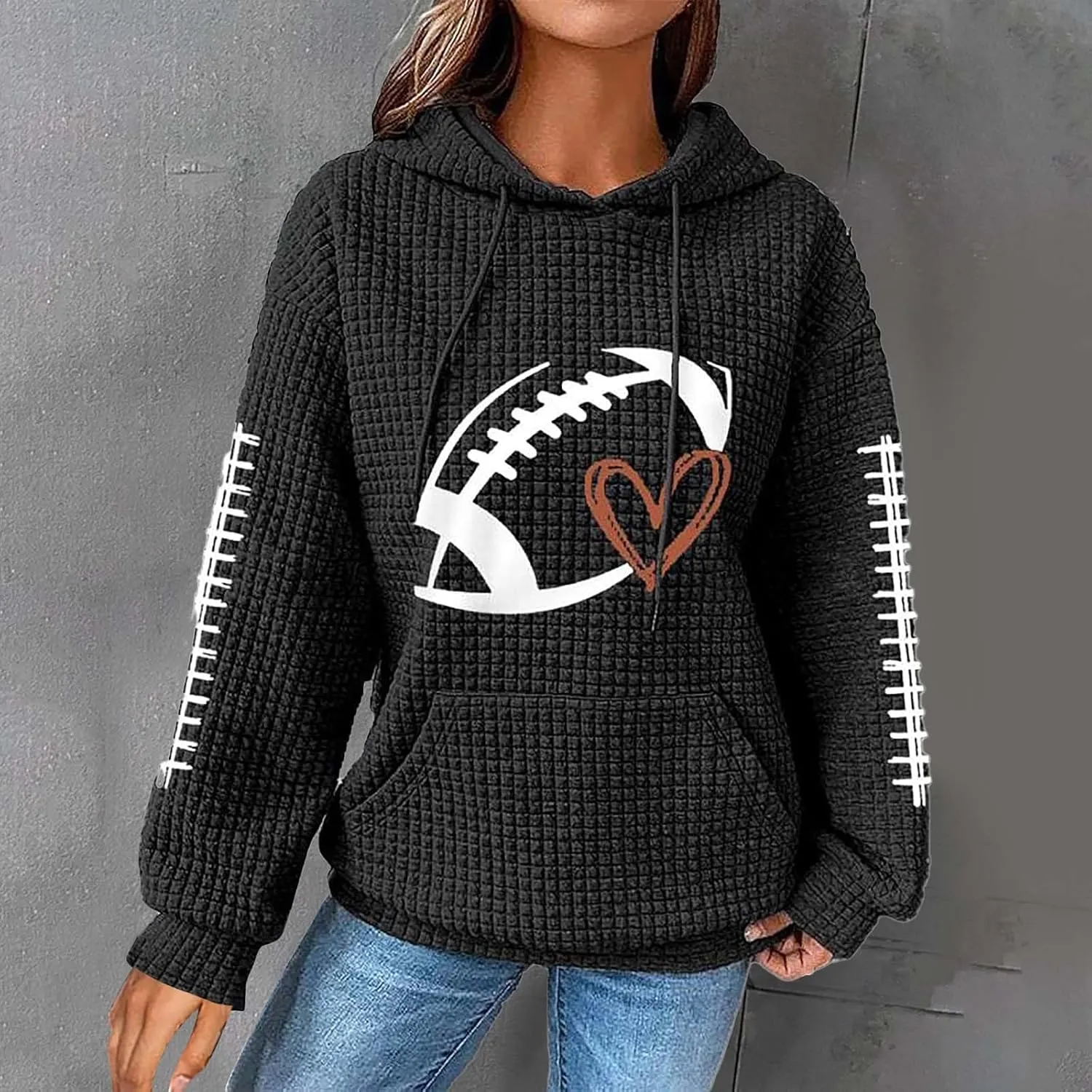 Game Day Football Hoodie For Women Graphic Print Sunday Waffle Knit Sweatshirt Casual Long Sleeve Crewneck Fall Pullover