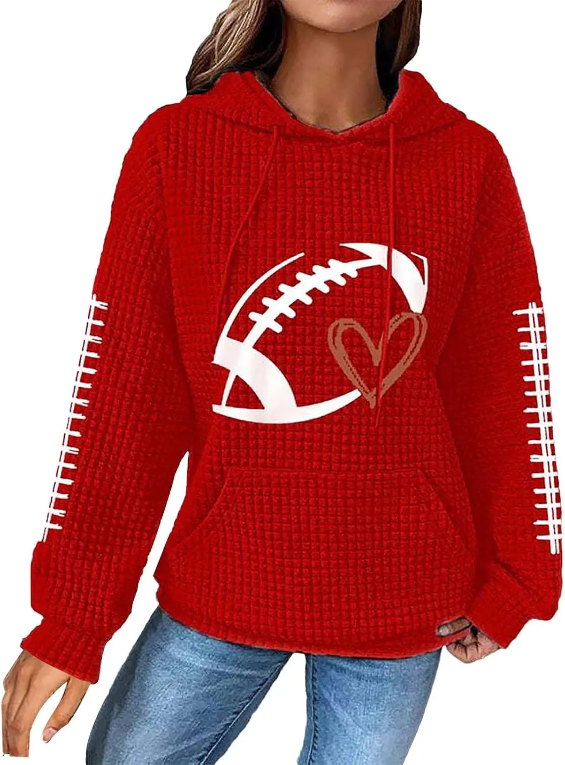 Game Day Football Hoodie For Women Graphic Print Sunday Waffle Knit Sweatshirt Casual Long Sleeve Crewneck Fall Pullover