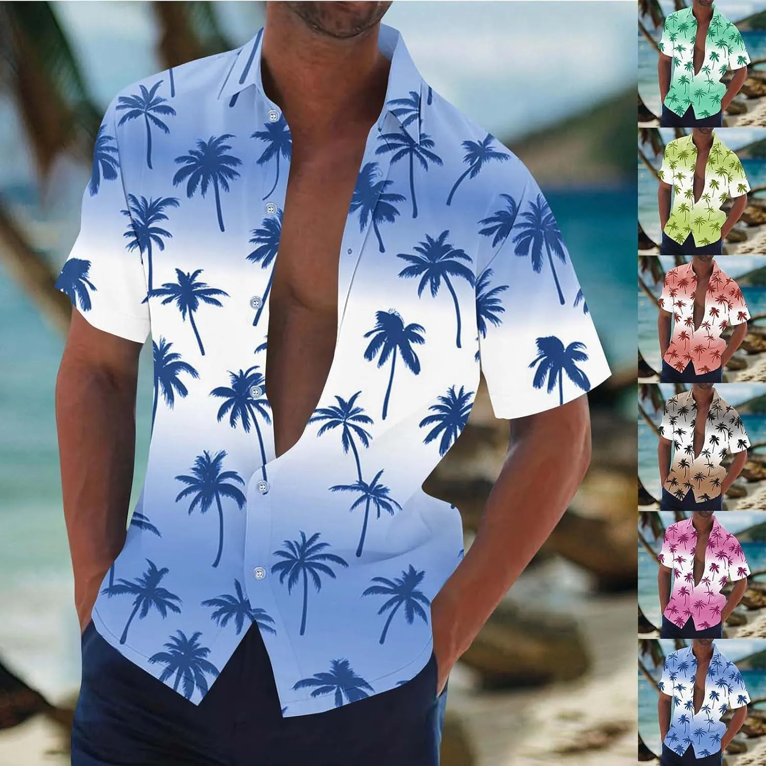 Gradient Coconut Tree Print Mens Hawaiian Shirts - Loose Lapel Casual Button Down Short Sleeve Tropical Vacation Beach Shirt