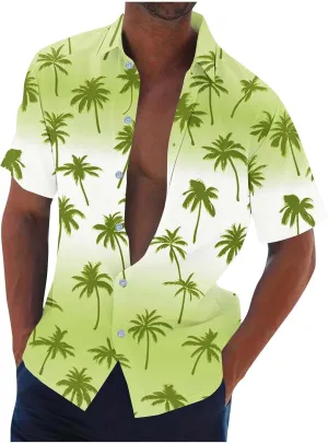 Gradient Coconut Tree Print Mens Hawaiian Shirts - Loose Lapel Casual Button Down Short Sleeve Tropical Vacation Beach Shirt