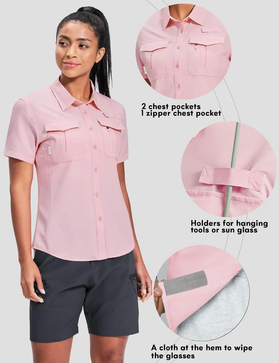Haimont Women's Sun Protection Fishing Hiking Shirts Button Down Short Sleeve Water Resistant Quick Dry Outdoor