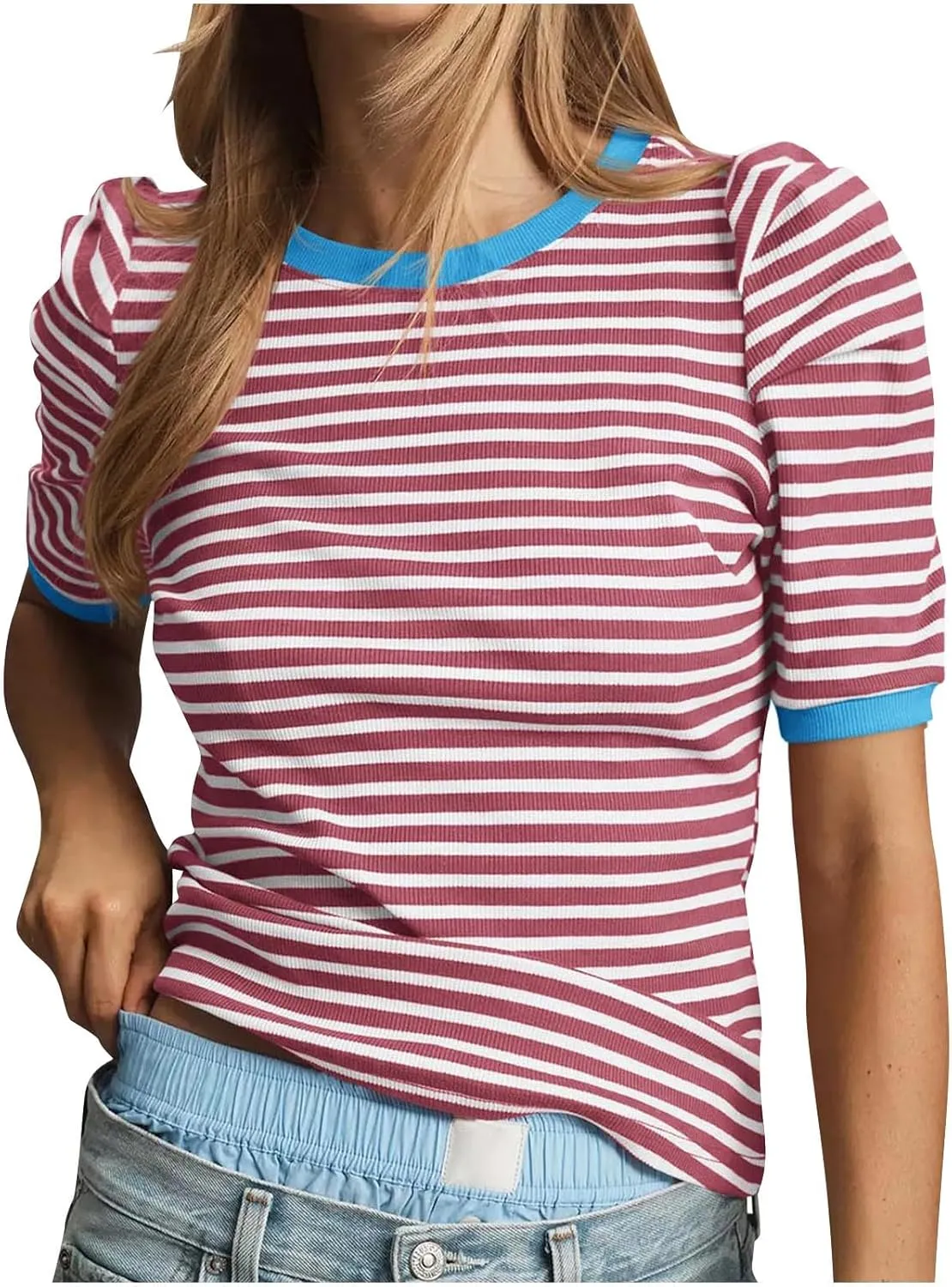 HGps8w Puff Sleeve Tops for Women 2025 Summer Loose Fit Casual Striped Crewneck Short Sleeve Basic Going Out Tee Shirts