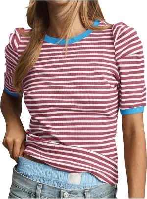 HGps8w Puff Sleeve Tops for Women 2025 Summer Loose Fit Casual Striped Crewneck Short Sleeve Basic Going Out Tee Shirts