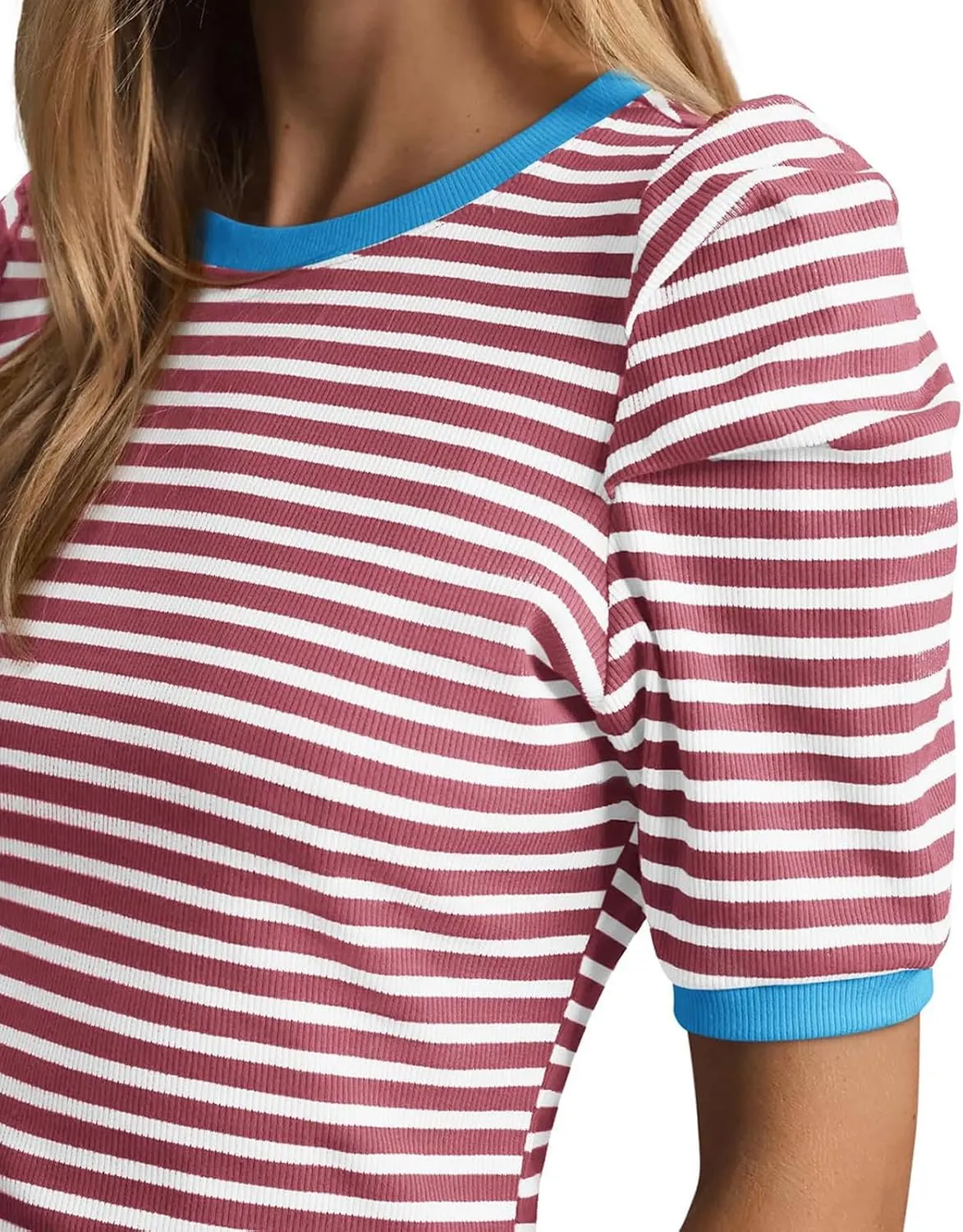 HGps8w Puff Sleeve Tops for Women 2025 Summer Loose Fit Casual Striped Crewneck Short Sleeve Basic Going Out Tee Shirts