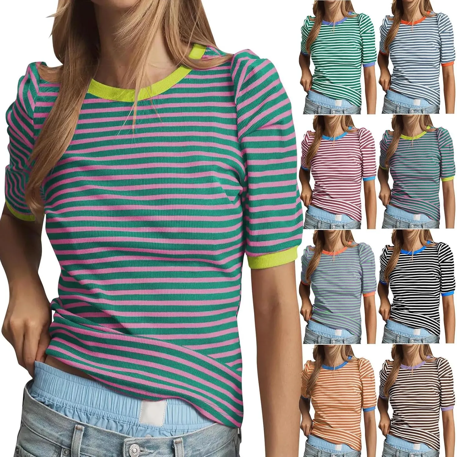 HGps8w Puff Sleeve Tops for Women 2025 Summer Loose Fit Casual Striped Crewneck Short Sleeve Basic Going Out Tee Shirts