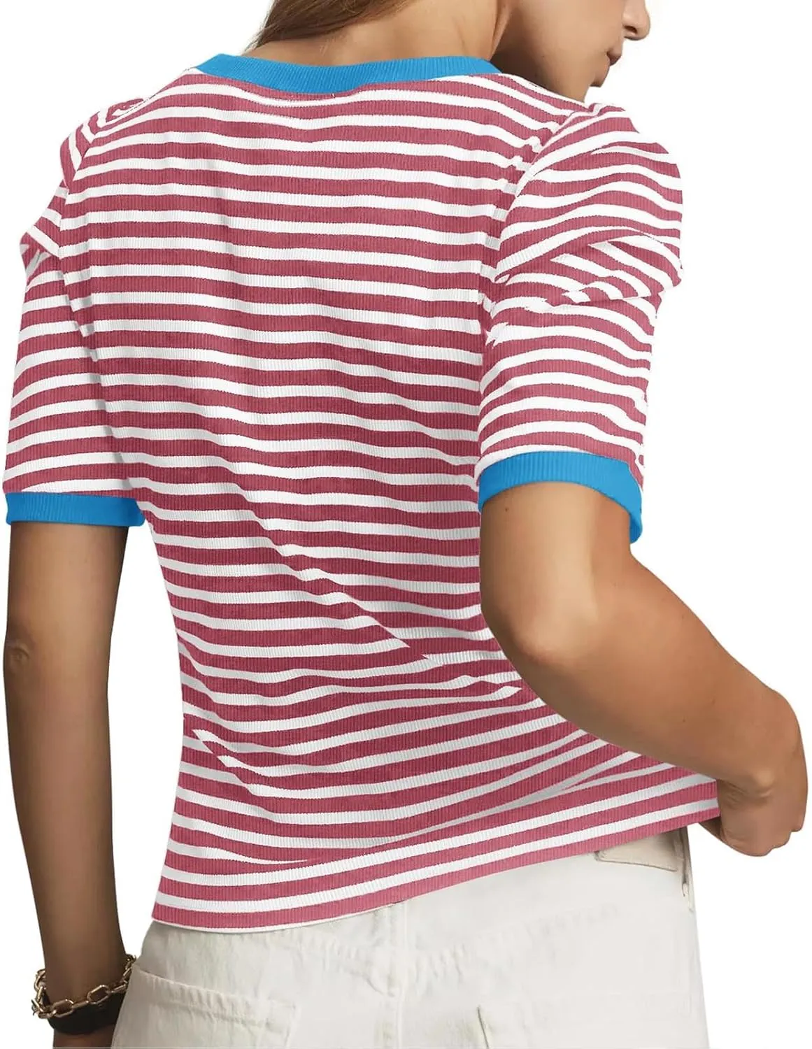 HGps8w Puff Sleeve Tops for Women 2025 Summer Loose Fit Casual Striped Crewneck Short Sleeve Basic Going Out Tee Shirts