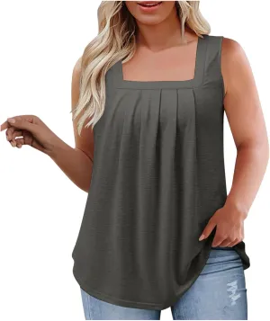HGps8w Women's Pleated Plus Size Tank Tops Casual 2025 Summer Loose Fit Square Neck Sleeveless Tee Shirts Blouse
