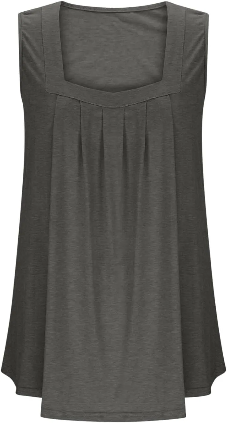 HGps8w Women's Pleated Plus Size Tank Tops Casual 2025 Summer Loose Fit Square Neck Sleeveless Tee Shirts Blouse