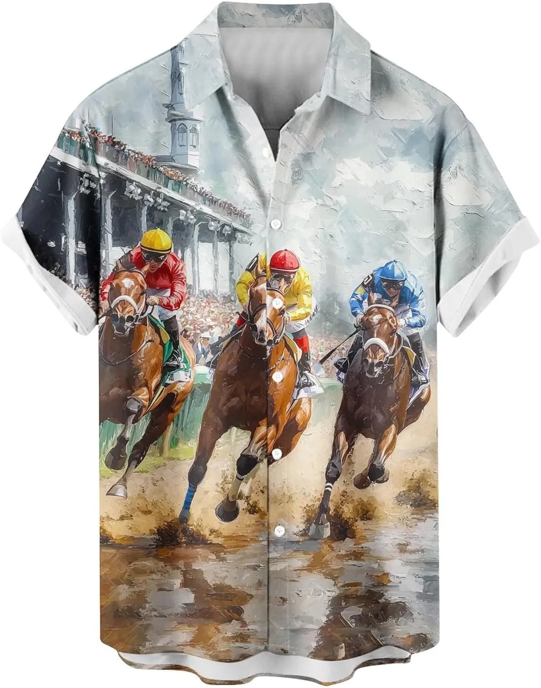 Horse Racing Print Mens Hawaiian Shirts - Loose Lapel Casual Button Down Short Sleeve Tropical Vacation Beach Shirt