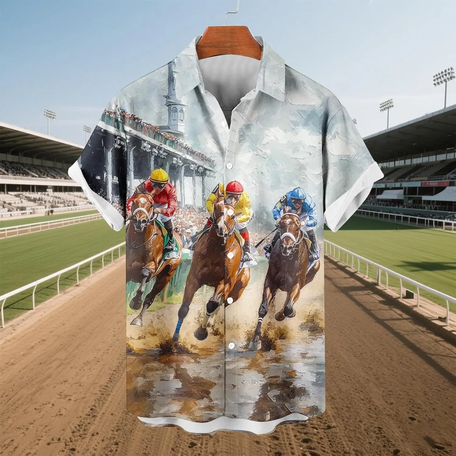 Horse Racing Print Mens Hawaiian Shirts - Loose Lapel Casual Button Down Short Sleeve Tropical Vacation Beach Shirt