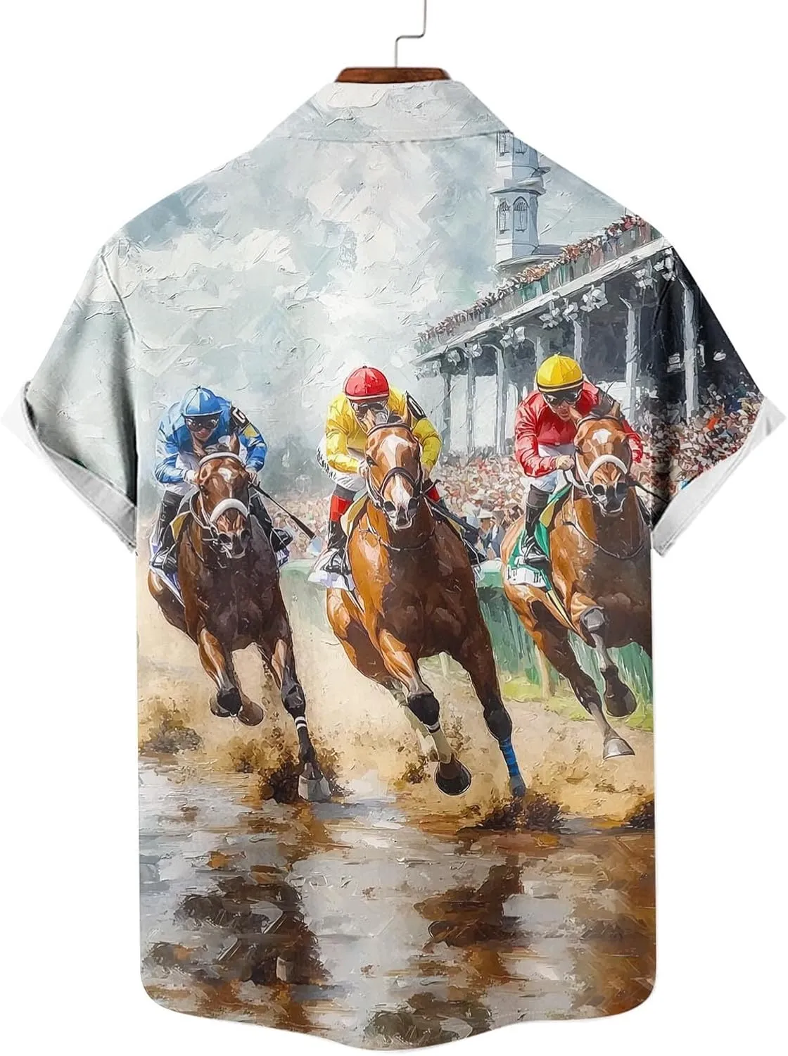 Horse Racing Print Mens Hawaiian Shirts - Loose Lapel Casual Button Down Short Sleeve Tropical Vacation Beach Shirt