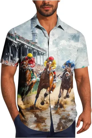 Horse Racing Print Mens Hawaiian Shirts - Loose Lapel Casual Button Down Short Sleeve Tropical Vacation Beach Shirt