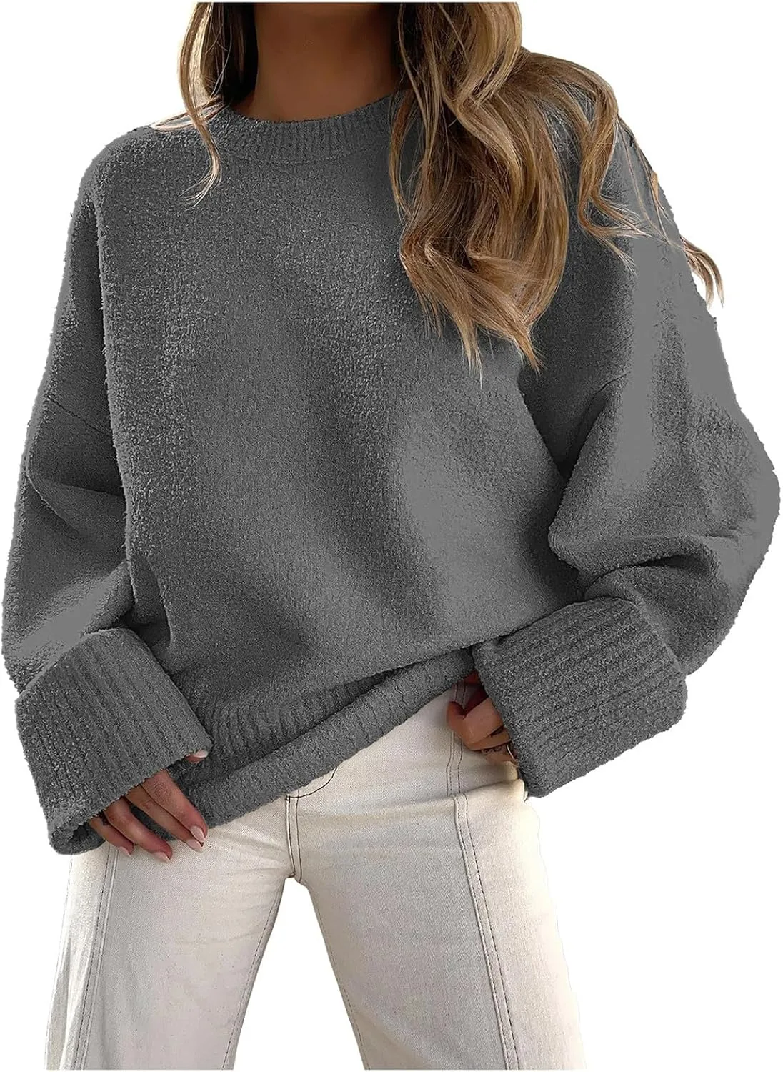 iLH Women's Sweater Crewneck Long Sleeve Fuzzy Knit Sweaters Casual Chunky Shirt Loose Pullover Tops Trendy Outfits