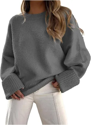 iLH Women's Sweater Crewneck Long Sleeve Fuzzy Knit Sweaters Casual Chunky Shirt Loose Pullover Tops Trendy Outfits