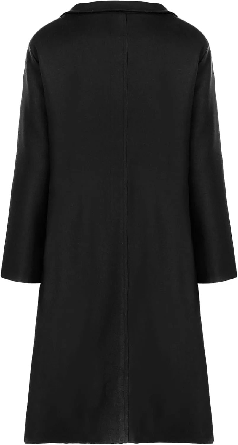 JEATHA Womens Wool Blend Trench Pea Coat Lapel Collar Single-Breasted Long Overcoat Mid-Length Windproof Jackets