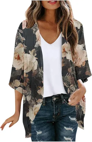 Kimono Swimsuit Coverup 2025 Womens Casual 3/4 Bat Sleeve Loose Beach Cover Up Sheer Chiffon Cardigans for Swimwear
