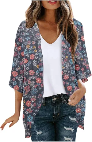 Kimono Swimsuit Coverup 2025 Womens Casual 3/4 Bat Sleeve Loose Beach Cover Up Sheer Chiffon Cardigans for Swimwear