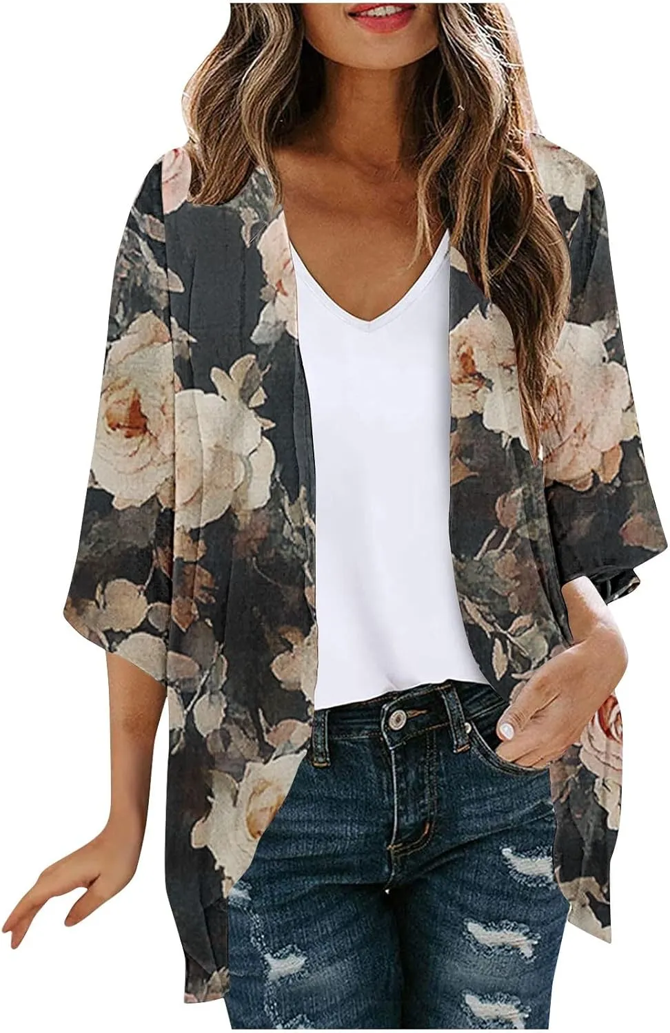 Kimono Swimsuit Coverup 2025 Womens Casual 3/4 Bat Sleeve Loose Beach Cover Up Sheer Chiffon Cardigans for Swimwear