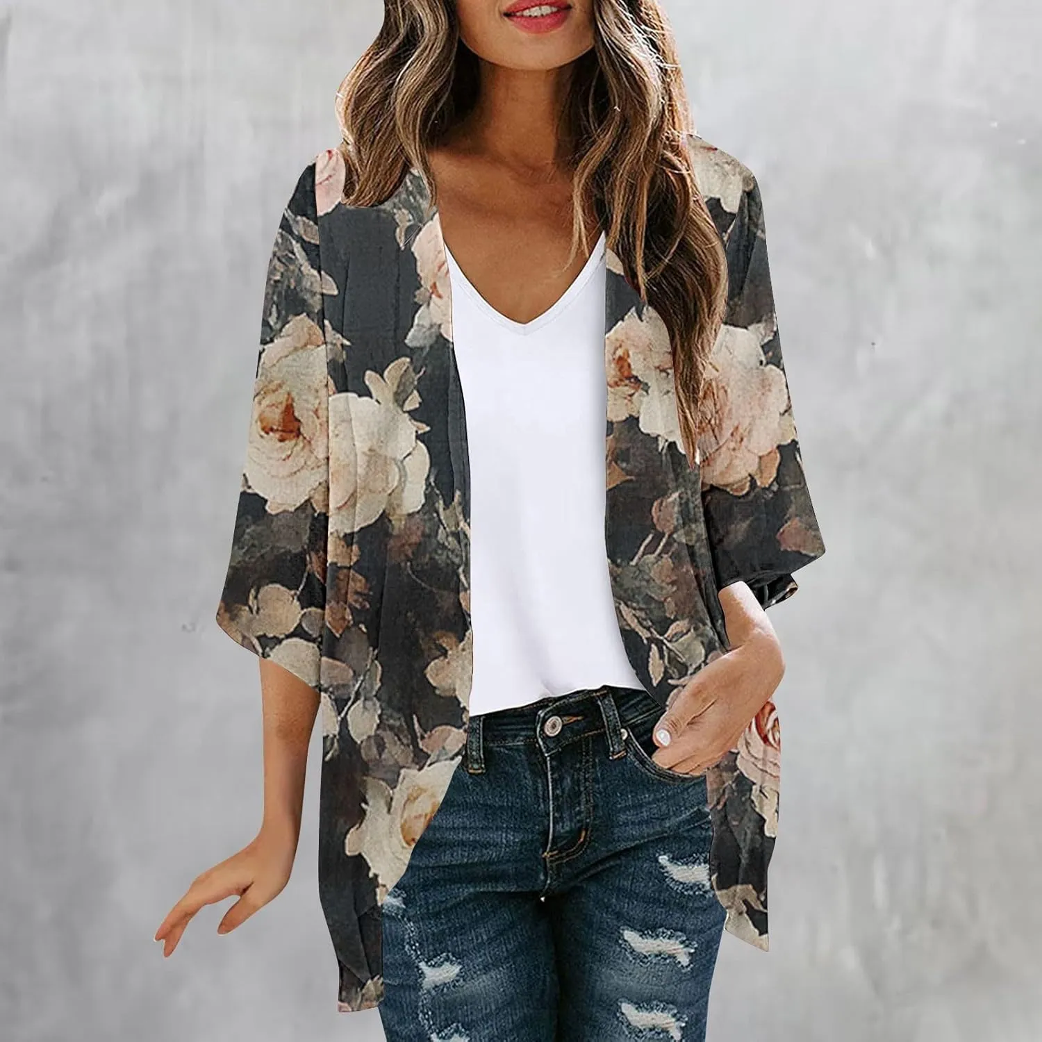 Kimono Swimsuit Coverup 2025 Womens Casual 3/4 Bat Sleeve Loose Beach Cover Up Sheer Chiffon Cardigans for Swimwear