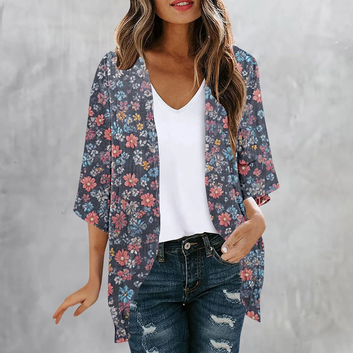 Kimono Swimsuit Coverup 2025 Womens Casual 3/4 Bat Sleeve Loose Beach Cover Up Sheer Chiffon Cardigans for Swimwear