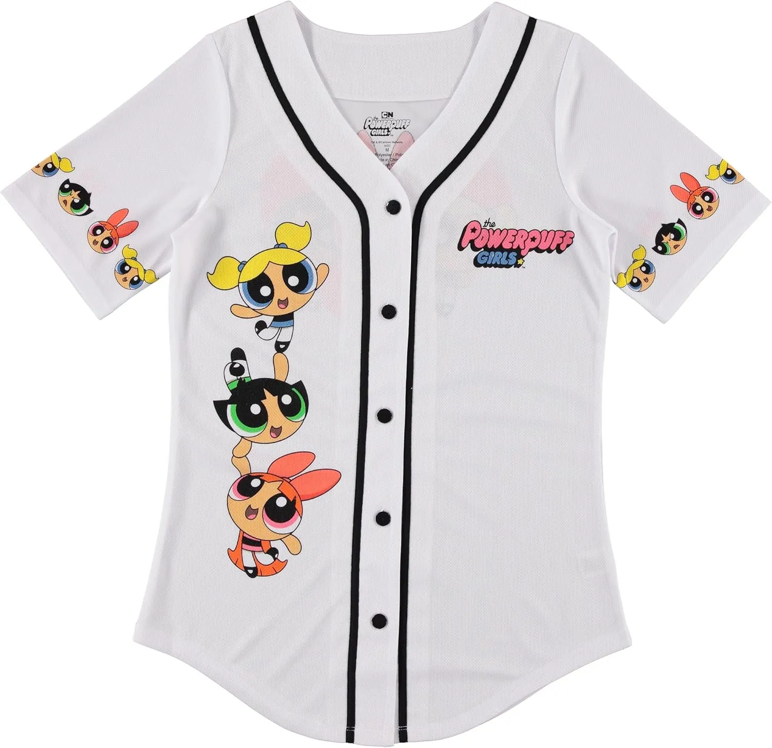 Ladies Powerpuff Girls Baseball Jersey - Powerpuff Mesh Button Down Baseball Jersey - Blossom Bubble and Buttercup Shirt