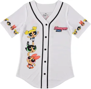 Ladies Powerpuff Girls Baseball Jersey - Powerpuff Mesh Button Down Baseball Jersey - Blossom Bubble and Buttercup Shirt