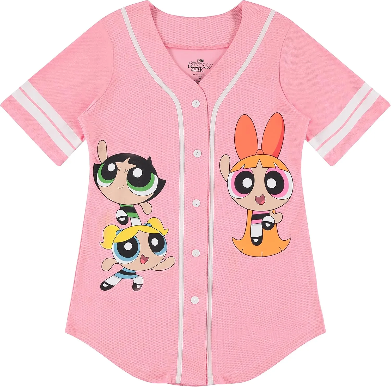 Ladies Powerpuff Girls Baseball Jersey - Powerpuff Mesh Button Down Baseball Jersey - Blossom Bubble and Buttercup Shirt