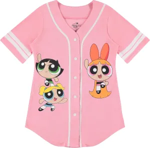 Ladies Powerpuff Girls Baseball Jersey - Powerpuff Mesh Button Down Baseball Jersey - Blossom Bubble and Buttercup Shirt