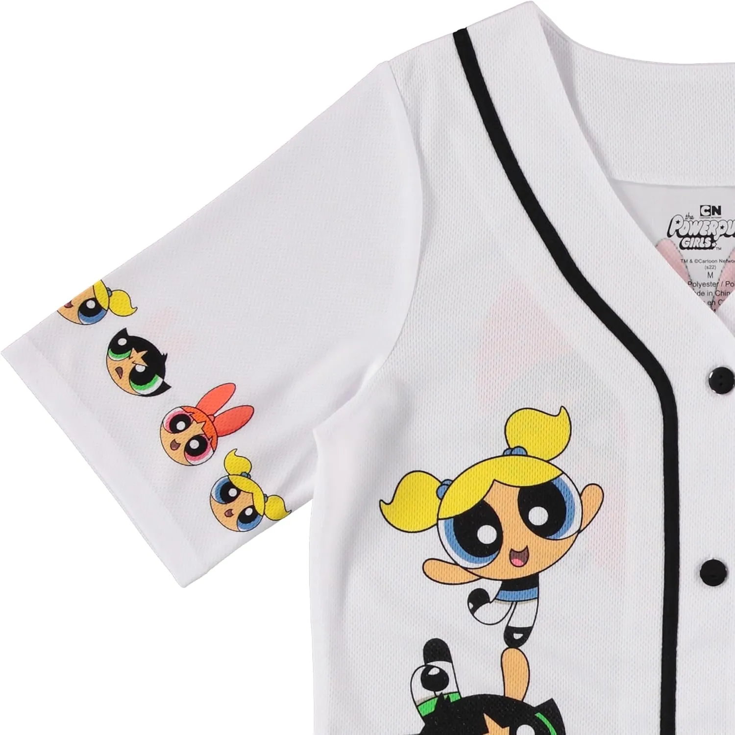Ladies Powerpuff Girls Baseball Jersey - Powerpuff Mesh Button Down Baseball Jersey - Blossom Bubble and Buttercup Shirt